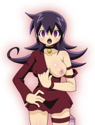  angry bangs black_hair blush breasts choker dress duel_masters empty_eyes female_only femsub garter guratan hand_on_hip large_breasts long_hair mimi_tasogare no_bra one_breast_out open_mouth purple_eyes solo standing tongue 
