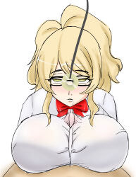 absurdres blonde_hair breasts clothed_paizuri clothed_sex coin dress_shirt drool empty_eyes femsub glasses huge_breasts looking_at_viewer mireille_(neo-izayoi) neo-izayoi original paizuri pendulum penis pov pov_dom school_uniform white_background