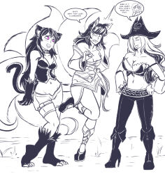  ahri_(league_of_legends) bikini_armor black_hair boots breasts cat_ears cat_girl cat_tail closed_eyes female_only femdom femsub fox_ears fox_girl fox_tail greyscale happy_trance heart heart_eyes kitsune_girl knee-high_boots kya_(nazwa) large_breasts league_of_legends majinsfw miss_fortune_(league_of_legends) multiple_tails open_mouth sketch smile symbol_in_eyes tail text 