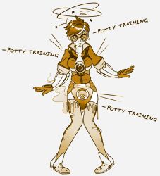 age_regression diaper female_only knees_together overwatch scat solo spiral_eyes symbol_in_eyes thighhighs tracer urination visor zee-rage-man