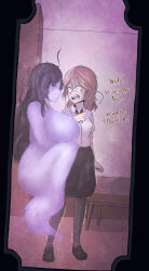  before_and_after bimbofication black_hair breasts brown_hair comic critnuke female_only ghost huge_breasts large_breasts school_uniform surprised text 