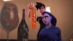  3d animated animated_gif blue_skin breasts brown_hair clothed dazed female_only femdom femsub food glowing hornydude4real humor hypnotic_food large_breasts long_hair open_mouth overwatch ponytail short_hair smile source_filmmaker symbol_in_eyes text tongue tracer widowmaker 