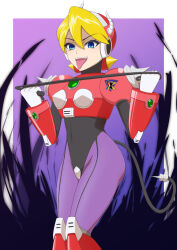  alia blonde_hair blue_eyes corruption fangs femdom femsub horns hypnotized_dom megaman_(series) megaman_x_(series) open_mouth robot_girl short_hair simple_background smile standing tail tech_control tongue tongue_out yamimochi 