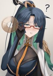  alternate_form black_hair blue_eyes blush breasts clothed cloud_retainer_(genshin_impact) coin confused eroborne female_only femsub genshin_impact glasses hair_ornament large_breasts looking_at_viewer mole multicolored_hair pendulum ponytail simple_background solo white_background xianyun_(genshin_impact) 