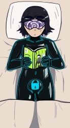  aware bed black_hair book bulge collarbone consensual drone eyebrows_visible_through_hair glowing grey_eyes iris_azure latex lying non-binary non-binary_sub null_bulge original pillow self_hypnosis short_hair solo spiral tech_control the_guy_she_was_interested_in_wasn't_a_guy_at_all tight_clothing trance_delightful visor yuri 