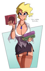 ass blonde_hair blue_eyes body_writing book breasts cleavage clothed corset dazed empty_eyes english_text female_only femsub garter_straps glasses jewelry jollyjack large_breasts librarian necklace original pantyhose shirt short_skirt simple_background skirt solo tattoo text thighs tiechonortheal_(manipper) unfocused_eyes white_background wide_hips