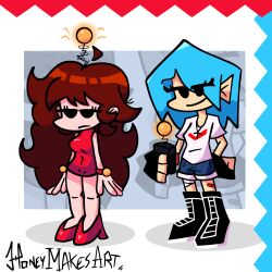 antenna blue_hair brown_hair clothed cyan_hair female_only femdom femsub friday_night_funkin&#039; girlfriend_(friday_night_funkin&#039;) honeymakesart long_hair looking_at_viewer nusky_(skyverse) remote_control simple_background skyverse standing tech_control