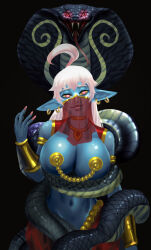 absurdres ahoge black_background blue_skin breasts coils fangs forked_tongue genie glowing glowing_eyes harem_outfit jewelry large_breasts long_hair midriff naylee_(incredibleintruder) nipple_chains original pasties scales silver_hair simple_background snake spiral_eyes symbol_in_eyes tail unded veil