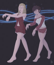  bare_legs bare_shoulders barefoot blonde_hair bow brown_hair capcom closed_eyes clothed female_only femsub happy_trance hypnotic_audio hypnotic_music igolkka karin_kanzuki multiple_girls multiple_subs music open_mouth pajamas sakura_kasugano short_hair shorts sleeping sleepwalking smile snoring spiral street_fighter zombie_walk 