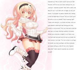 arm_warmers blonde_hair boots breasts caption caption_only compa dstears femdom hyperdimension_neptunia large_breasts long_hair looking_at_viewer manip pov pov_sub skirt sweater text thighhighs