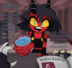 bare_shoulders black_hair blue_eyes chieri_(chieribounce) chieribounce demon_girl english_text eye_color_change female_only femdom femsub fingerless_gloves furry gloves helluva_boss horns hypnotized_hypnotist long_hair looking_at_viewer loona_(helluva_boss) millie_(helluva_boss) original possession pov red_skin slime text verosika_mayday wolf_girl yellow_sclera