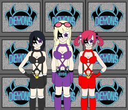 alternate_costume black_hair blonde_hair breasts corruption digimon digimon_story_cyber_sleuth evil_smile female_only happy_trance kyoko_kuremi large_breasts liquidphazon looking_at_viewer mask nokia_shiramine red_hair simple_background smile standing standing_at_attention text yuuko_kamishiro