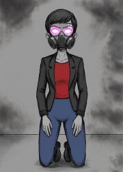    ai_art black_hair carmen_sandiego clothed female_only femsub gas_mask glasses glowing glowing_eyes julia_argent_(carmen_sandiego) kneeling looking_at_viewer mask purple_eyes short_hair solo visor zupern0va_(manipper) 