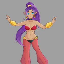  blue_eyes blush breasts cleavage collar crown dark_skin earrings elf_ears empty_eyes expressionless female_only femsub genie glowing glowing_eyes hypnotic_accessory jewelry long_hair open_mouth ponytail purple_hair shantae shantae_(series) solo tech_control very_long_hair zi-tech_(zires) zires 