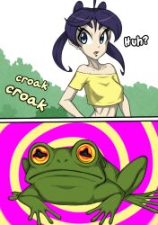  bare_shoulders blue_eyes blue_hair collarbone confused crop_top denial femsub frog futurama hypnotoad legs long_hair midriff navel open_mouth original outdoors panties pov_sub short_skirt simple_background sketchwork small_breasts spiral_background text twintails vikki_(sketchwork) 