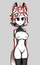  amaterasu_(skecchyartist) animal_ears black_eyes bottomless breasts female_only femsub goddess grey_background halo navel open_mouth original short_hair simple_background skecchyartist spiral spiral_eyes symbol_in_eyes tail thighhighs white_hair white_skin wolf_girl 