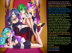  blue_eyes blue_hair breasts caption cleavage cogbrony equestria_girls femsub gloves glowing glowing_eyes green_eyes green_hair happy_trance large_breasts long_hair magic maid maledom manip misterman4_(manipper) multicolored_hair multiple_girls multiple_subs my_little_pony open_mouth princess princess_cadance princess_celestia princess_luna purple_eyes smile spike spiral_eyes symbol_in_eyes text yellow_eyes 