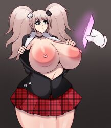  absurdres breasts cell_phone dangan_ronpa empty_eyes expressionless female_only femsub glowing huge_breasts junko_enoshima nipples skirt standing tech_control twintails undressing zapklink 