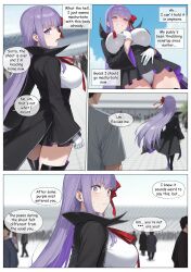 ai_art bb_(fate/extra_ccc) black_hair blush breasts comic cosplay costume dialogue english_text faceless_male fate/extra_ccc fate/grand_order fate_(series) femsub gloves kodawarite_(generator) large_breasts long_hair looking_at_viewer looking_back maledom outdoors panties possession purple_eyes purple_hair short_hair smile speech_bubble sweat text