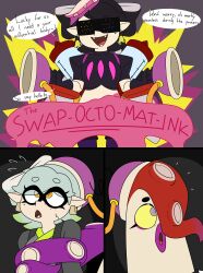  body_swap callie_(splatoon) choker comic dezzy dialogue dj_octavio helmet hypnoshades kimono marie_(splatoon) nintendo octarian panties purple_eyes restrained splatoon squid_sisters tattoo yellow_eyes 