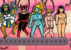  black_hair blonde_hair breasts columbia_(maggotmike) conveyor_belt dollification expressionless fish_girl kilroylucy18 mach_turtle_(maggot_mike) mermaiden_(maggot_mike) muscle_girl nude original pussy red_hair resisting restrained she-devil_(maggot_mike) smile super_hero text wind-up_key winged_woman_(maggot_mike) 