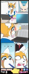  absurdres aggretsuko artifact_the_fox blush brown_eyes business_suit clothed comic computer corruption dialogue fennec_girl fenneko_(aggretsuko) fox_boy fox_girl furry glowhorn laptop office original pink_eyes red_panda_girl retsuko_(aggretsuko) simple_background suit surprised table tie 