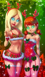  14-bis bare_shoulders bell bell_collar blonde_hair blue_eyes bow christmas cleavage clue_club dottie_(clue_club) femsub fishnets glowing_eyes green_eyes hanna_barbera happy_trance large_breasts long_hair magic pepper_(clue_club) red_hair red_lipstick reindeer sisters smile story thighhighs twintails western 