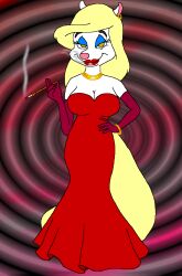 animaniacs blonde_hair breasts dragonboy618_(manipper) dress female_only femdom furry happy_trance hypnotic_smoking large_breasts long_hair manip minerva_mink mink_girl open_mouth smoking solo spiral tpirman1982 western