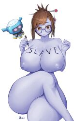 blue_skin bottomless breasts brown_hair empty_eyes expressionless female_only femsub huge_breasts inverted_nipples manip mei_ mei_(overwatch) nude overwatch topless widowmaker