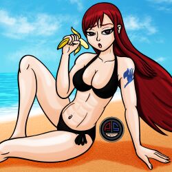  banana breasts empty_eyes erza_scarlet expressionless fairy_tail female_only femsub large_breasts long_hair open_mouth ordeper_arts red_hair ring_eyes sexually_suggestive swimsuit 