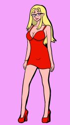  absurdres aurora_(jabberwocky) bare_legs blonde_hair bracelet breasts cleavage clothed collarbone dress female_only femsub glasses happy_trance high_heels original pink_eyes red_dress red_lipstick simple_background smile solo spiral_eyes standing succubae symbol_in_eyes 