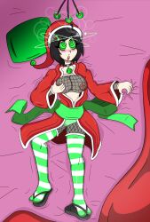 absurdres bakemonogatari bed black_hair breasts breasts_outside choker coin dazed drool female_only femsub green_eyes kimono large_breasts open_clothes open_mouth panties pendulum pillow short_hair symbol_in_eyes thighhighs tsukihi_araragi underwear zombietwink62
