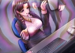  airi_gotou breasts brown_eyes brown_hair collarbone comic expressionless femsub haruto_miyakura higehiro huge_breasts maledom milf necklace office_lady open_mouth sitting skirt tech_control 