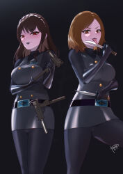  belt black_background black_lipstick blush bodysuit breasts brown_hair character_request empty_eyes evil_smile female_only femsub gloves gun kaizoku_sentai_gokaiger knife lipstick long_hair looking_at_viewer luka_millfy makeup multiple_girls multiple_subs red_eyes short_hair signature simple_background skirt super_sentai tight_clothing tongue tongue_out weapon yamimochi 