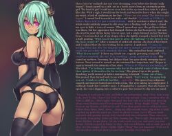  ass ass_focus bra breasts caption collar consensual dark_skin demon_girl female_only femdom glowing glowing_eyes green_hair grima180_(manipper) horns houtengeki large_breasts lingerie long_hair looking_at_viewer looking_back manip monster_girl panties pov pov_sub red_eyes succubus text thighhighs underwear wholesome 