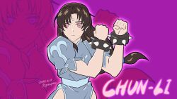  92penpen aura brown_hair capcom china_dress chun-li cuffs dancing earrings empty_eyes expressionless female_only femsub long_hair looking_at_viewer microchip pink_background pink_eyes signature solo street_fighter street_fighter_ii_v tech_control text 