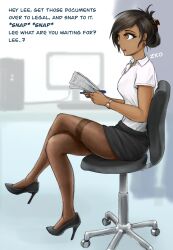 accidental_hypnosis black_hair breasts brown_eyes chair dark_skin dress_shirt drool earrings empty_eyes english_text female_only femsub finger_snap high_heels jewelry lee_(zko) legs miniskirt office_lady open_mouth original pantyhose short_hair skirt text trigger zko
