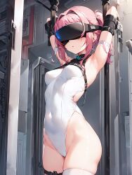  ai_art armpits arms_above_head belt blush bondage cameltoe corruption expressionless female_only femsub high_heels koimin4_(generator) leotard pink_hair restrained small_breasts solo stable_diffusion_(ai) tech_control thick_thighs thighhighs twintails visor 