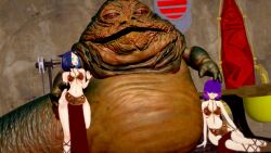  3d blue_hair dot_(pokemon) femsub happy_trance harem_outfit jabba_the_hutt kaa_eyes liko_(pokemon) maledom nintendo pokemon purple_hair short_hair sonrio12 star_wars 