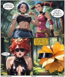 ai_art blue_hair brown_hair devianbar dialogue femsub kidd_summers large_breasts latex mela_(pokemon) nintendo perrin_(pokemon) pokemon red_hair short_hair team_hypno tech_control text visor