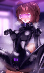  ahoge barcode blush bodysuit breath brown_hair catsuit chair collar drool latex maguro27 misti_rockwell_(lilpenpusher) open_mouth original panting ponytail pussy_juice sitting spiral spiral_eyes spread_legs sweat tech_control visor wet zipper 