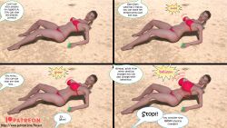  3d absurdres beach bikini breast_expansion breasts comic female_only femsub hexxet huge_breasts lying milf on_back stacey_alcone text 