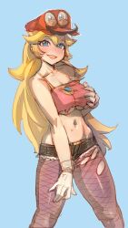 alternate_costume bare_shoulders blonde_hair blue_eyes bow_(bhp) cappy femsub fishnets gloves groping happy_trance nintendo open_mouth possession princess princess_peach simple_background source_request super_mario_bros. super_mario_odyssey underboob