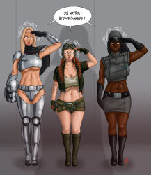  abs alice_(hypnolion) armor bare_legs black_hair blonde_hair blue_eyes breasts brown_eyes captain_phasma cosplay dana_(hypnolion) dark_skin dazed doctor_aphra femsub freckles green_eyes hypnolion jedi_mind_trick large_breasts legs long_hair lucy_(hypnolion) midriff military_hat military_uniform miniskirt muscle_girl open_mouth original rae_sloane red_hair short_shorts short_skirt shorts skirt standing standing_at_attention star_wars tattoo text 