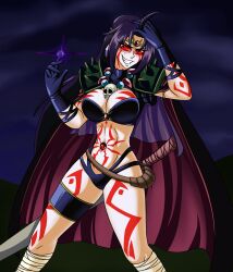 ahoge alternate_costume bare_legs bbworm body_markings breasts cape corruption crystal evil_smile femsub gloves glowing happy_trance large_breasts legs long_hair magic maledom midriff naga_the_serpent navel necklace possession purple_hair red_eyes red_sclera ruby_eye_shabranigdo skull slayers smile sword tattoo thighs weapon