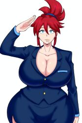  ai_art blue_eyes cleavage collarbone drool expressionless female_only femsub hi-fi_rush huge_ass huge_breasts korsica_(hi-fi_rush) looking_at_viewer maledom minimimic_(generator) office_lady ponytail red_hair saluting short_hair shrunken_irises simple_background stable_diffusion_(ai) white_background 