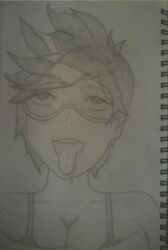 cleavage drool empty_eyes eye_roll freckles greyscale happy_trance overwatch short_hair tongue tongue_out tracer traditional