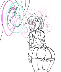  absurdres ahoge ass bodysuit coat confused dazed drool emma_(pokemon) femsub from_behind hair_ornament hey_johnson00 malamar mega_malamar nintendo open_mouth pink_eyes pokemon pokemon_(creature) pokemon_legends_z-a short_hair simple_background sparkle tentacles thigh_gap thighs white_background 