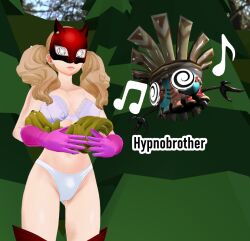  3d alternate_costume ann_takamaki banana bra costume crossover donkey_kong_(series) earrings eye_mask femsub food gloves hypnobrother hypnotic_eyes hypnotic_music krazy_kalimba maledom mask midriff nintendo outdoors panties persona_(series) persona_5 platinum_blonde_hair spiral_eyes thighs tiki_tak_tribe trees underwear 