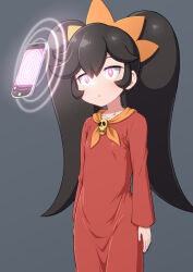  ashley_(warioware) bangs black_hair cell_phone dazed expressionless female_only femsub glowing glowing_eyes nintendo red_dress simple_background solo standing tech_control torathi twintails warioware 